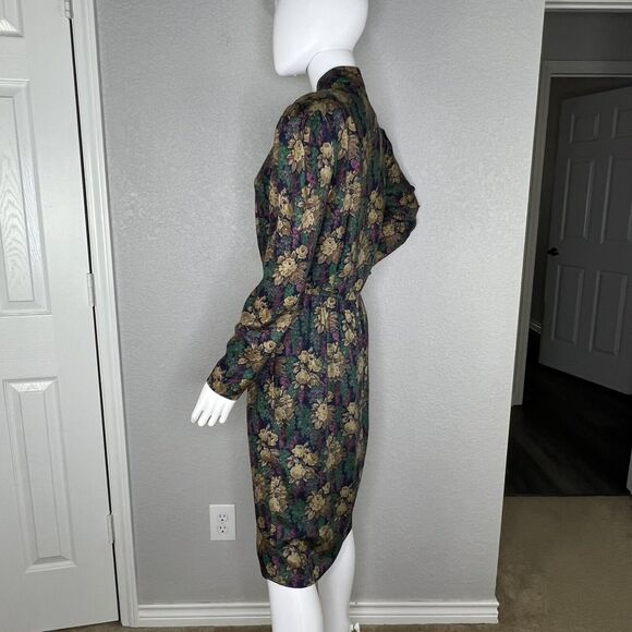 Vtg 80s Liz Claiborne Size 10 Floral Button Up Puff Sleeve Cottage Midi Dress - Picture 5 of 11